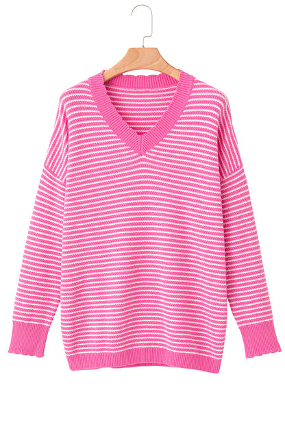 Striped Scallop V Neck Loose Sweater With Slits | Pink