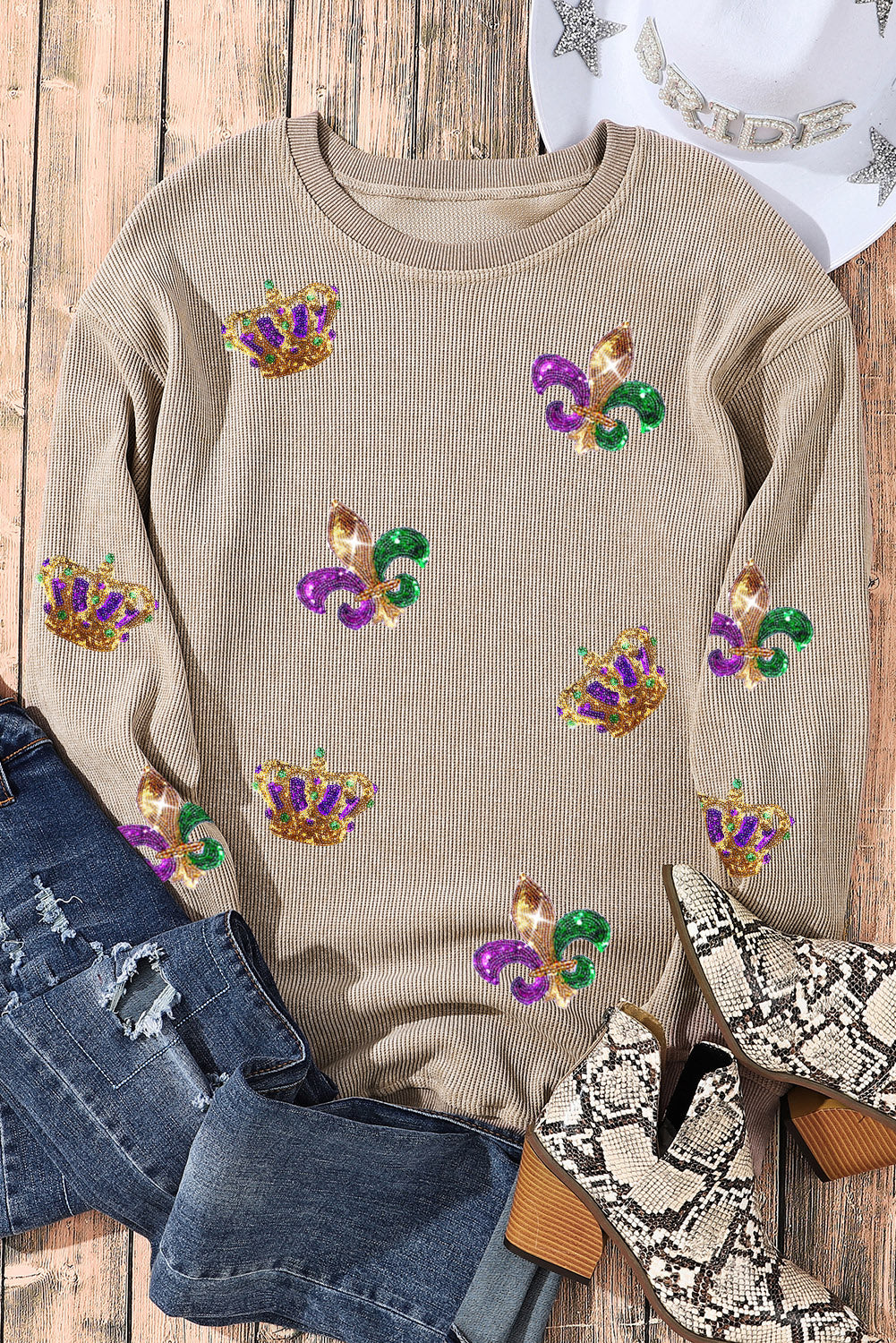 Mardi Gras Sequin Crown Fleur De Lis Corded Sweatshirt | Khaki