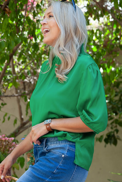 Shirred High Neck Puff Sleeve Plus Size Blouse | Sea Green