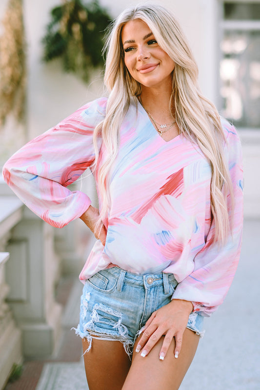 Pink Abstract Print Balloon Sleeve V-Neck Blouse