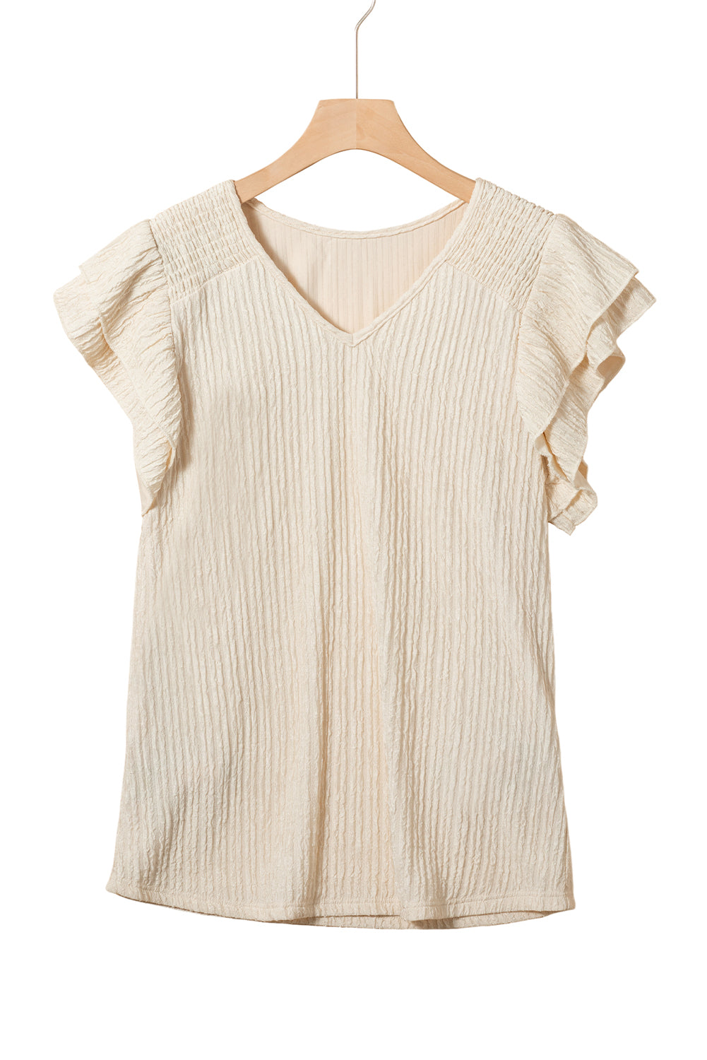 Crinkle Textured V Neck Flutter Sleeve Top | Apricot