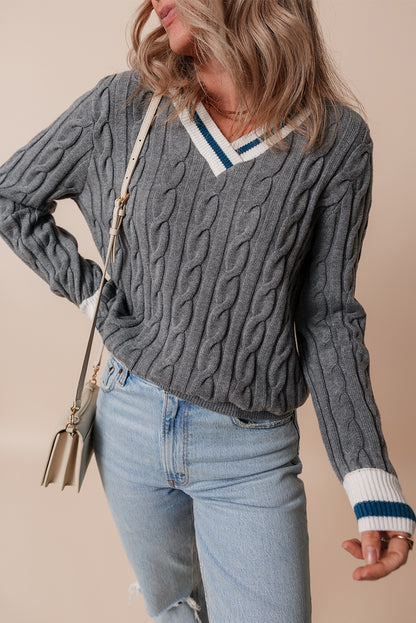 Colour Contrast Ribbed Edge Cable Knit V Neck Sweater | Medium Grey