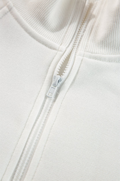 Zipped Neck Pullover Drop Shoulder Sweatshirt | White