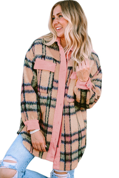 Fuzzy Plaid Corduroy Patchwork Shacket | Pink