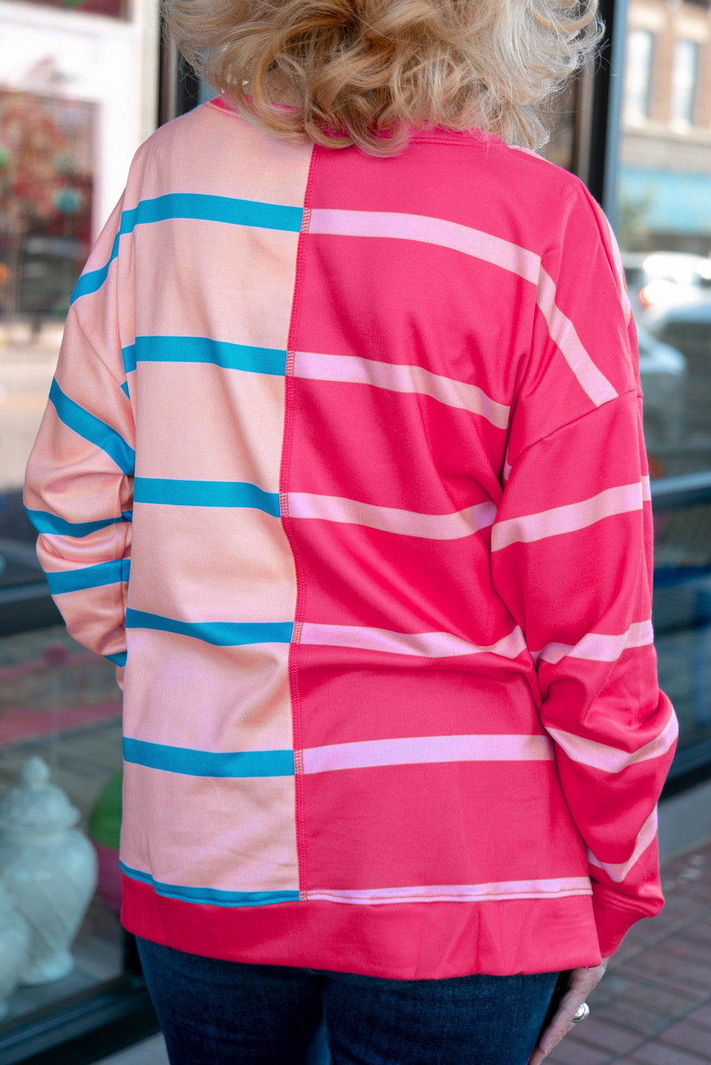 Colour Block Crewneck Long Sleeve Plus Size T Shirt | Rose Stripe