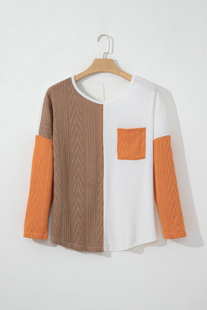 Plus Size Colour Block Textured Patchwork Top With Pocket | Chestnut