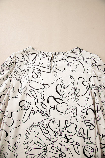 Abstract Print Balloon Sleeve Crew Neck Blouse | Beige