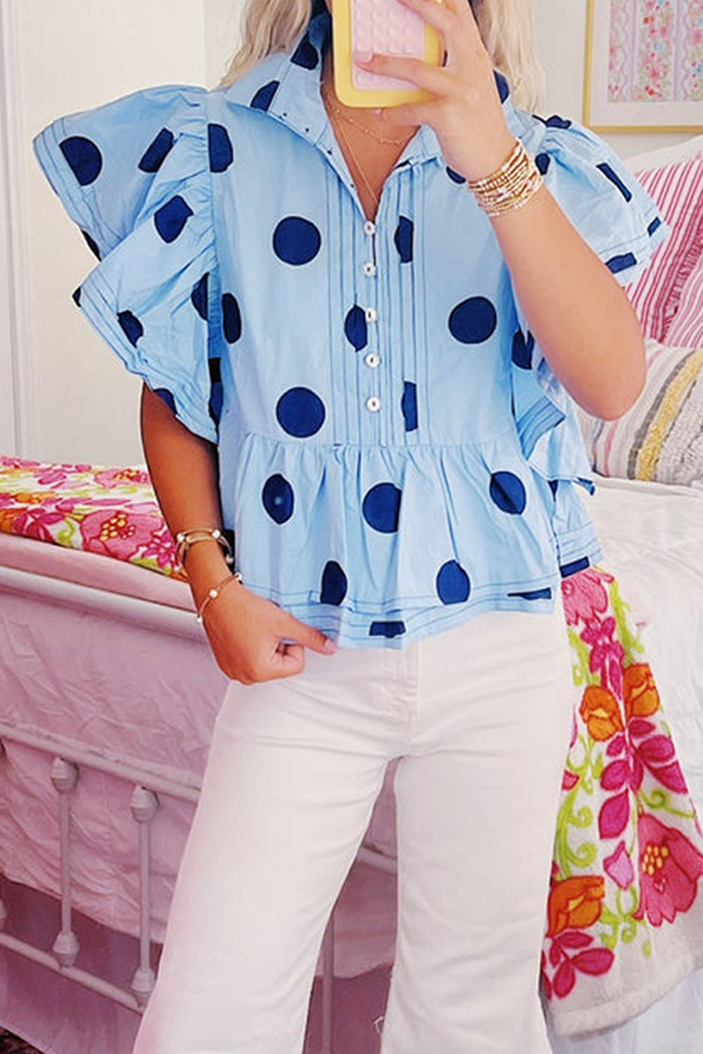 Polka Dot Print Ruffled Short Sleeve Buttoned Collared Blouse | Sky Blue