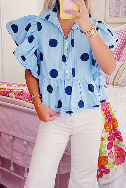 Polka Dot Print Ruffled Short Sleeve Buttoned Collared Blouse | Sky Blue