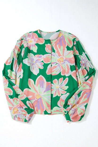 Floral Print Button Up Pleated Puff Sleeve Loose Shirt | Green