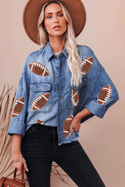 Sequin Rugby Football Graphic Flap Pockets Raw Hem Game Day Denim Jacket | Sky Blue