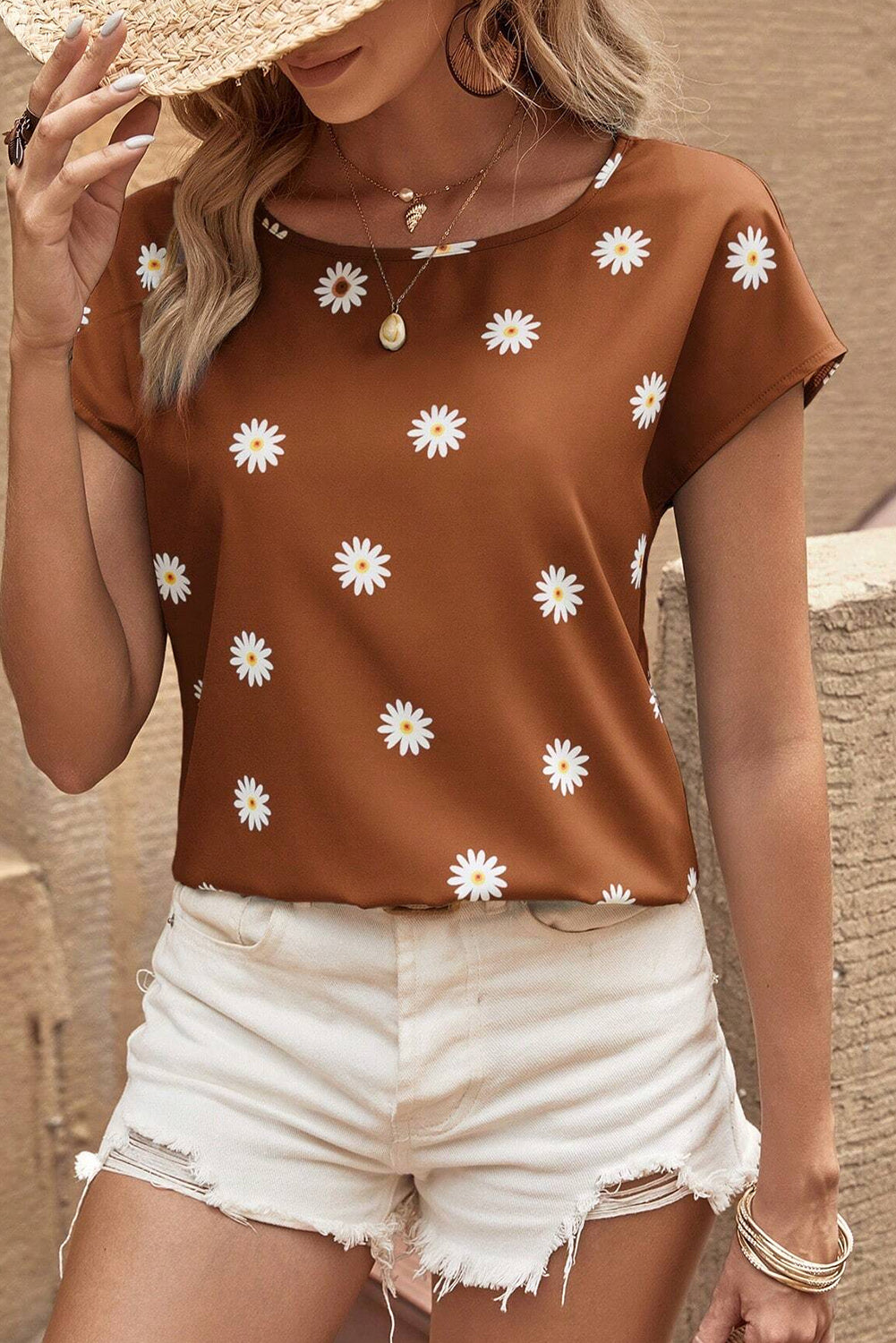 Daisy Print Short Sleeve Top | Chestnut