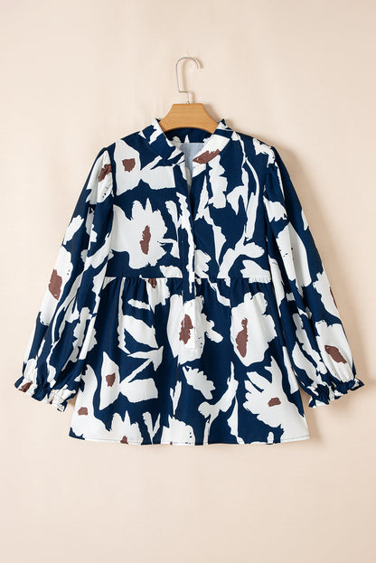 Abstract Floral Print Puff Sleeve Half Button Blouse | Sail Blue