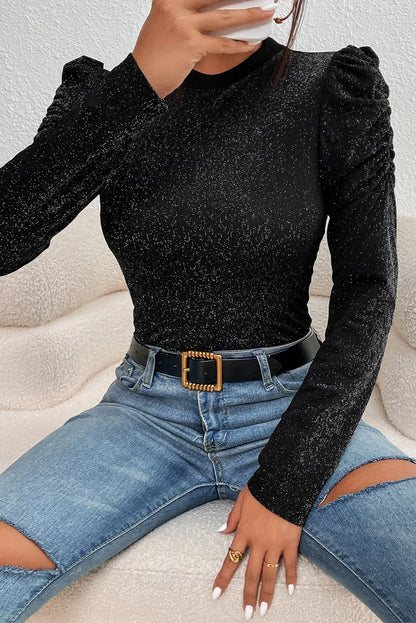 Gigot Sleeve Metallic Knit Slim Fit Top | Black