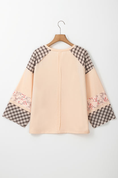 Plaid Floral Peace Heart Graphic Wide Long Sleeve Top | Beige