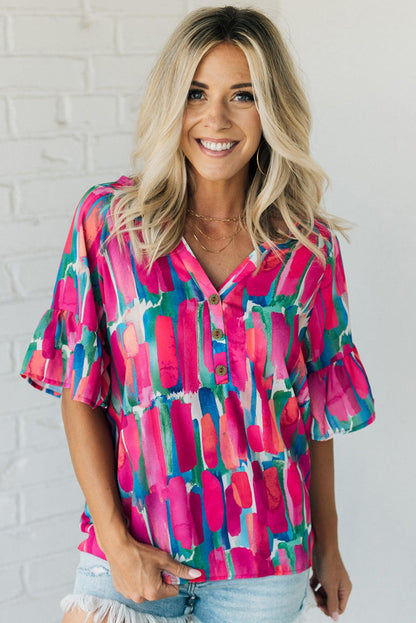 Abstract Brushwork Print Buttoned V Neck Blouse | Rose