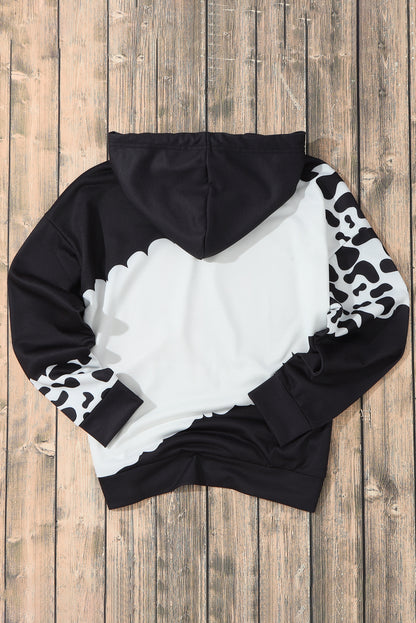 Cow Tie Dye Print Pocketed Drawstring Pullover Hoodie | Black