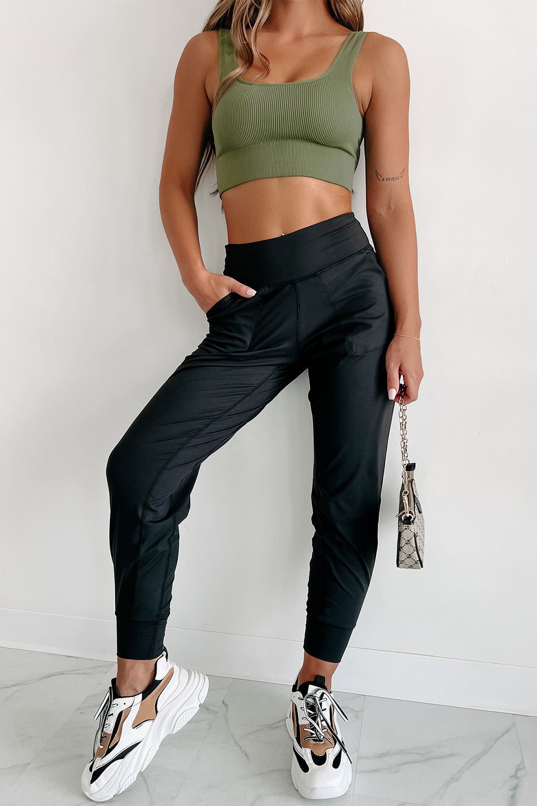 Exposed Seam High Waist Pocketed Joggers | Black