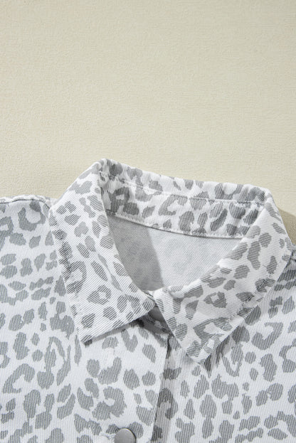 Leopard Printed Flap Pocket Denim Jacket | White