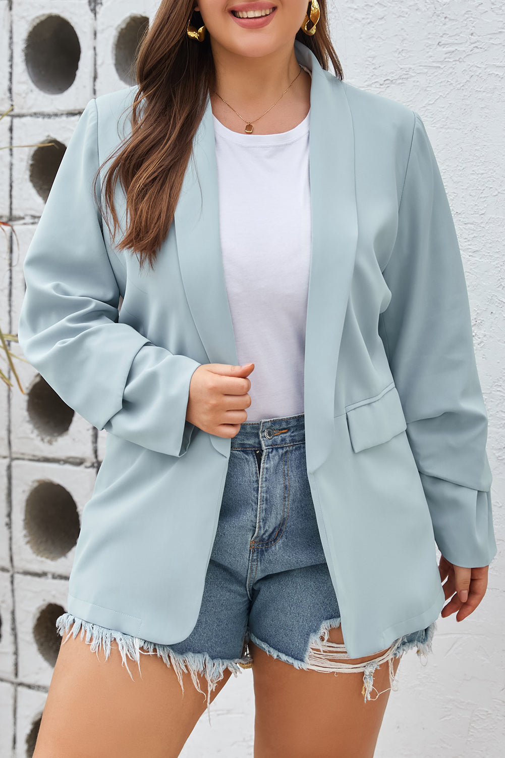 Plus Size Soft Lightweight Pocketed Lapel Blazer | Sky Blue