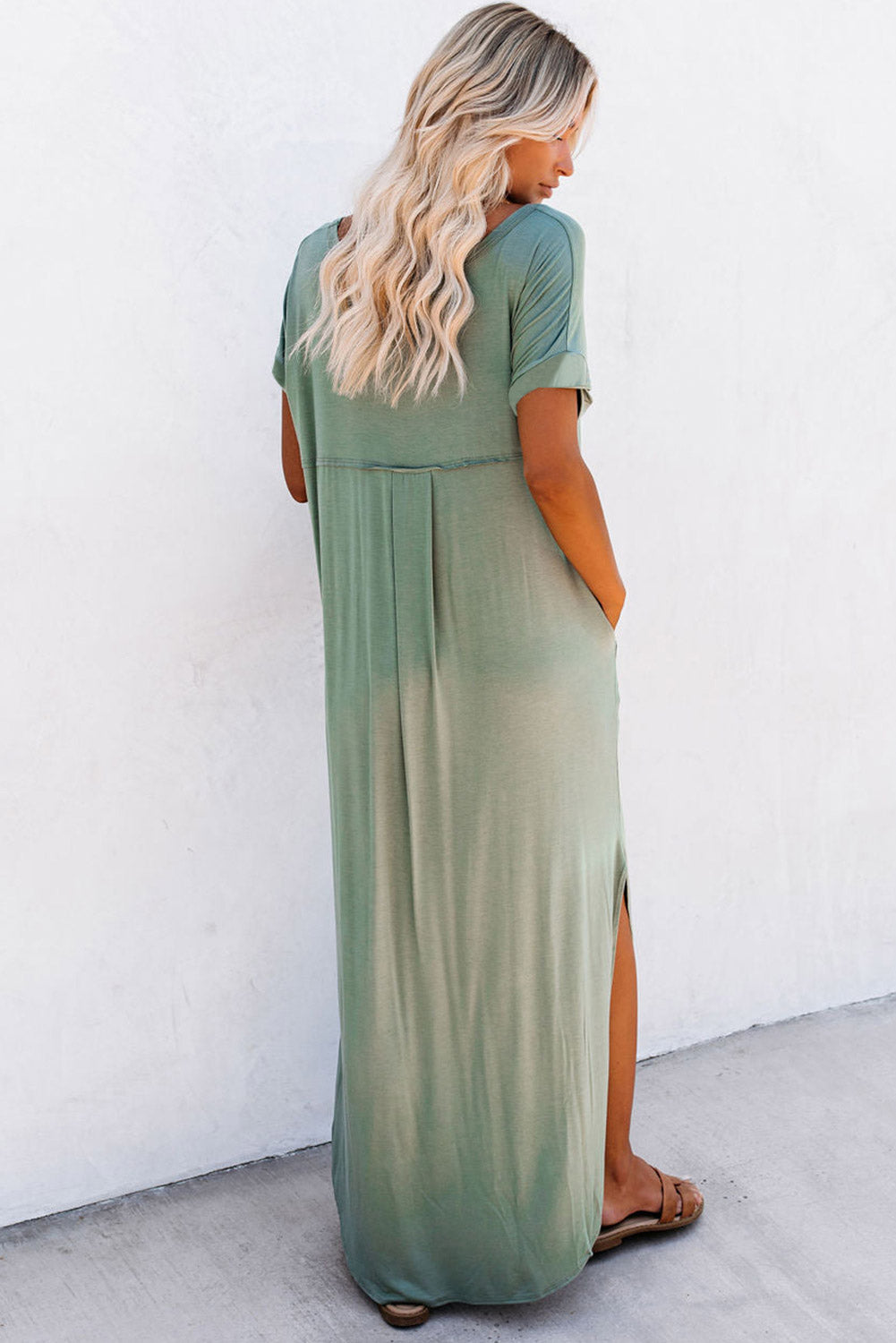 V Neck Hidden Pocket Splits Maxi T-Shirt Dress | Grass Green