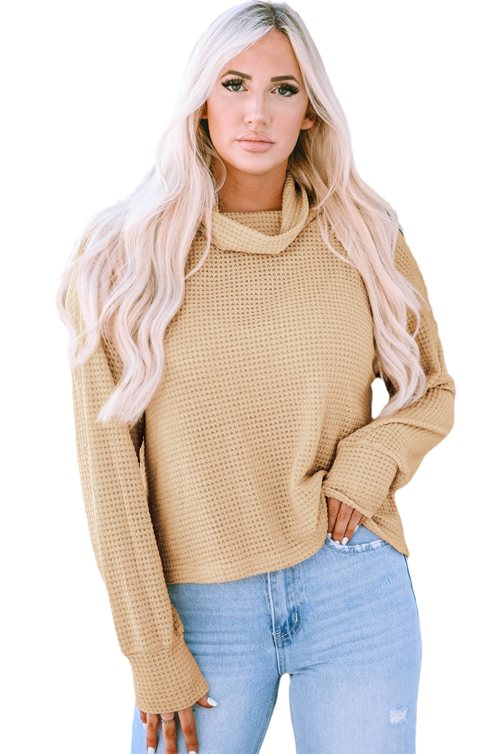 Solid Waffle Knit Turtleneck Long Sleeve Top | Apricot