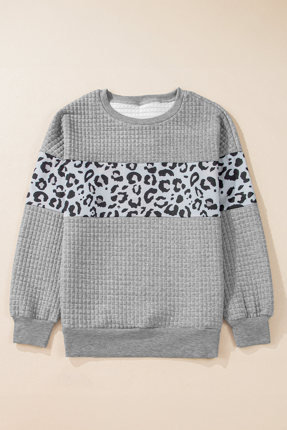 Leopard Quilted Patchwork Crew Neck Sweatshirt | Gray