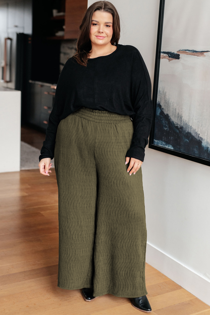 Plus Size Textured Shirred High Waist Casual Pants | Jungle Green