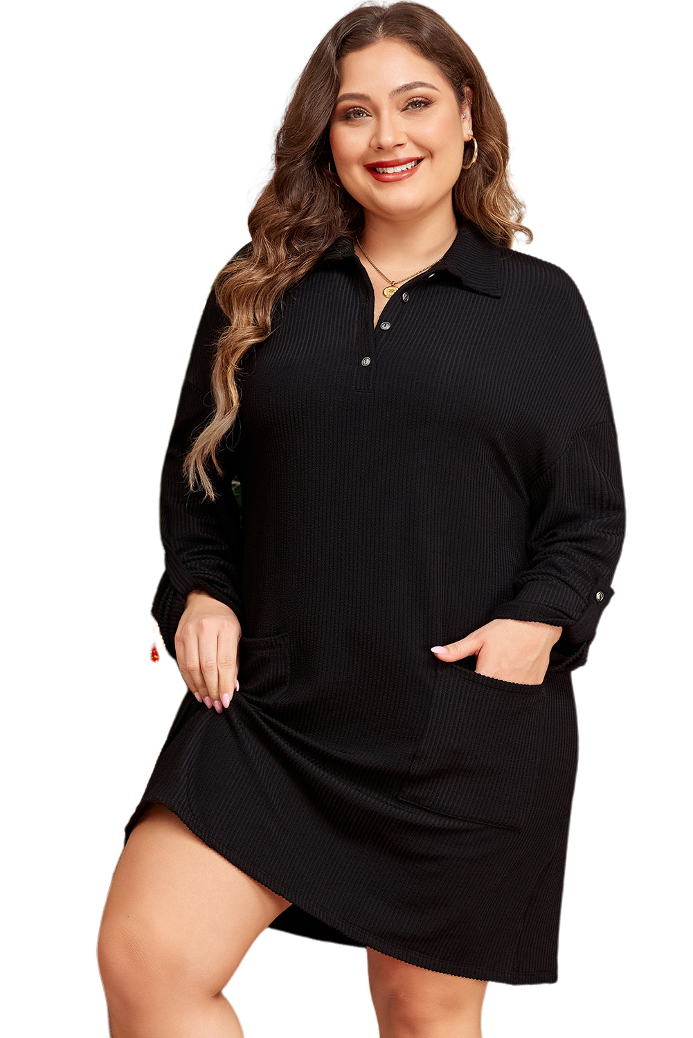 Ribbed Knit Buttoned Collared Roll Tab Sleeve Plus Size Mini Dress | Black