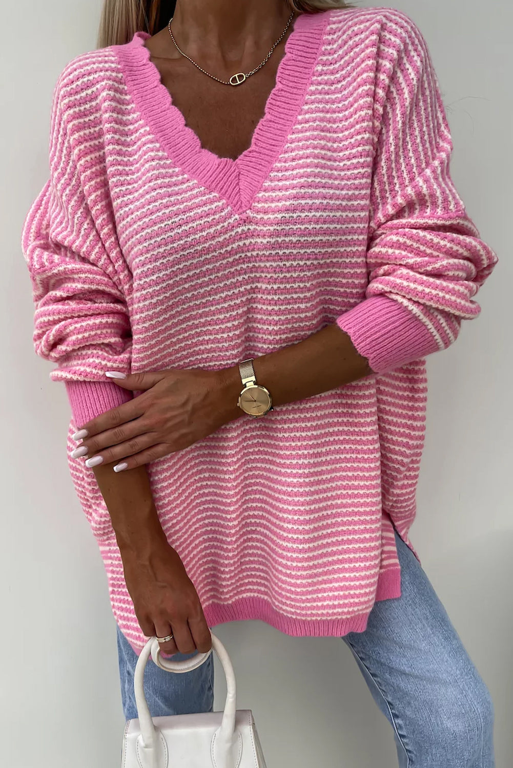 Striped Scallop V Neck Loose Sweater With Slits | Pink