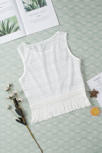 Lace Crochet Hollow Out Fringed Tank Top | White