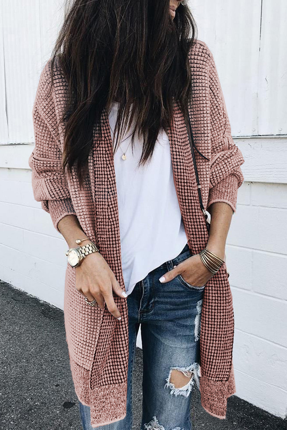 Plaid Knitted Long Open Front Cardigan | Pink