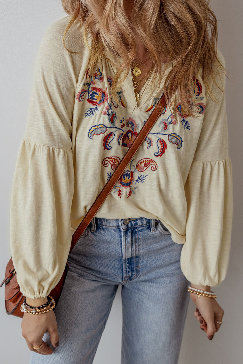 Paisley Floral Embroidered Notch V Neck Blouse | Apricot