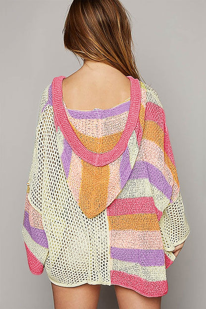 Oversized Colourblock V Neck Hooded Sweater | Pink