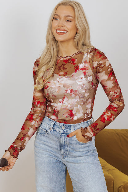 Floral Print Sheer Mesh Long Sleeve Top | Red