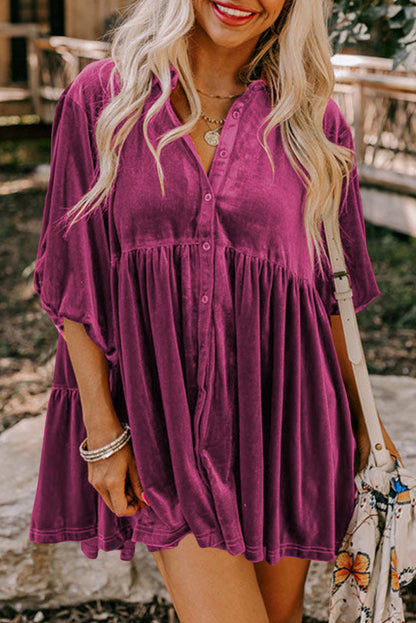 3/4 Sleeve Tunic Babydoll Velvet Shirt | Pitaya Pink