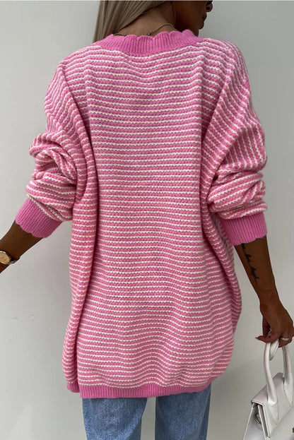 Striped Scallop V Neck Loose Sweater With Slits | Pink