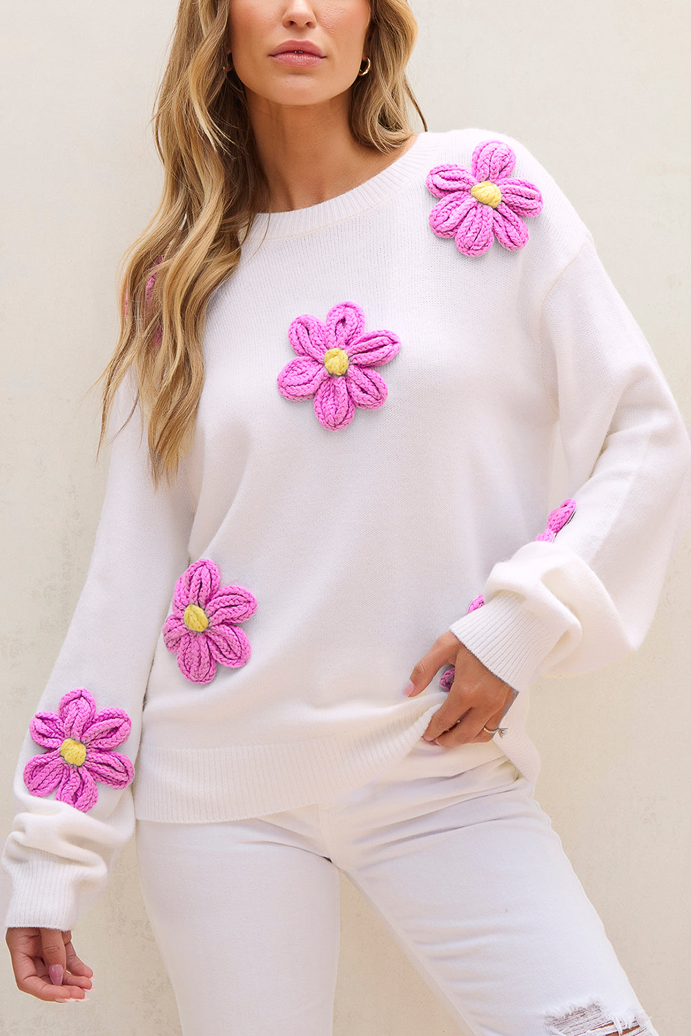 Floral Crochet Chunky Knit Sweater | White