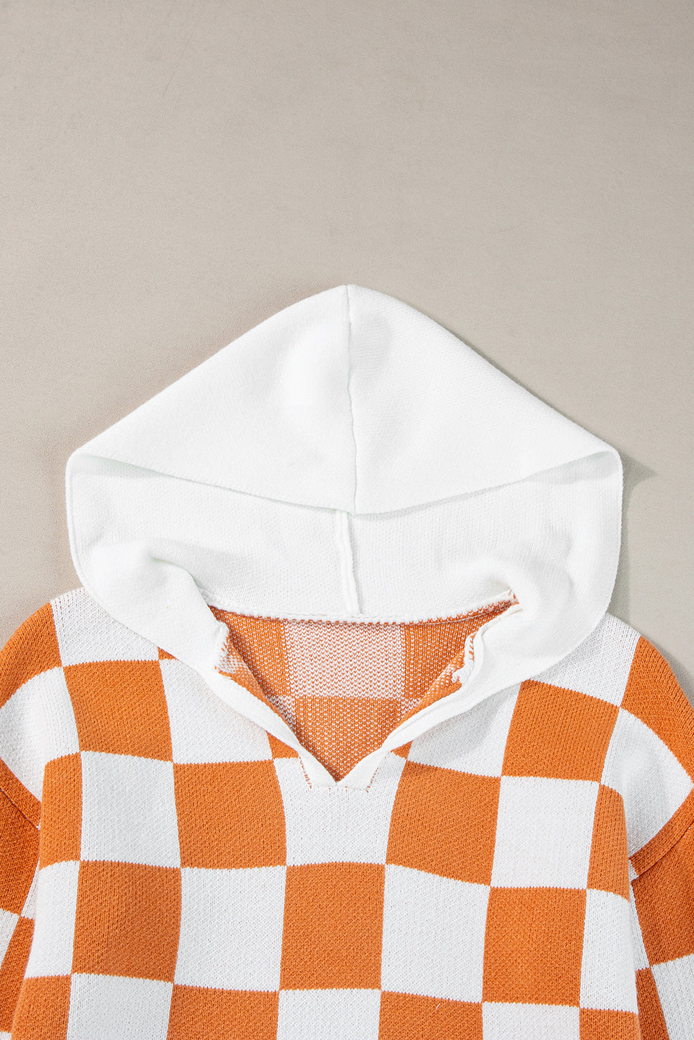 Checkered Split Neck Contrast Kangaroo Pocket Hooded Sweater | Gold Flame