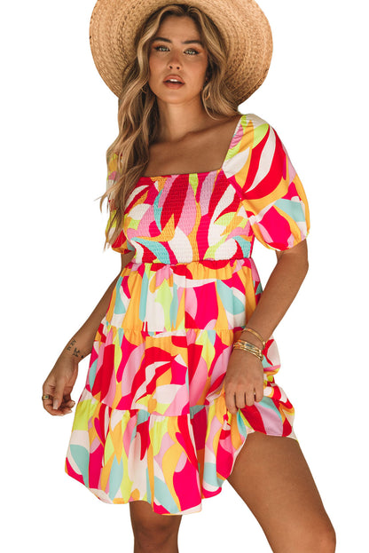 Geometric Print Smocked Babydoll Mini Dress | Multicolour