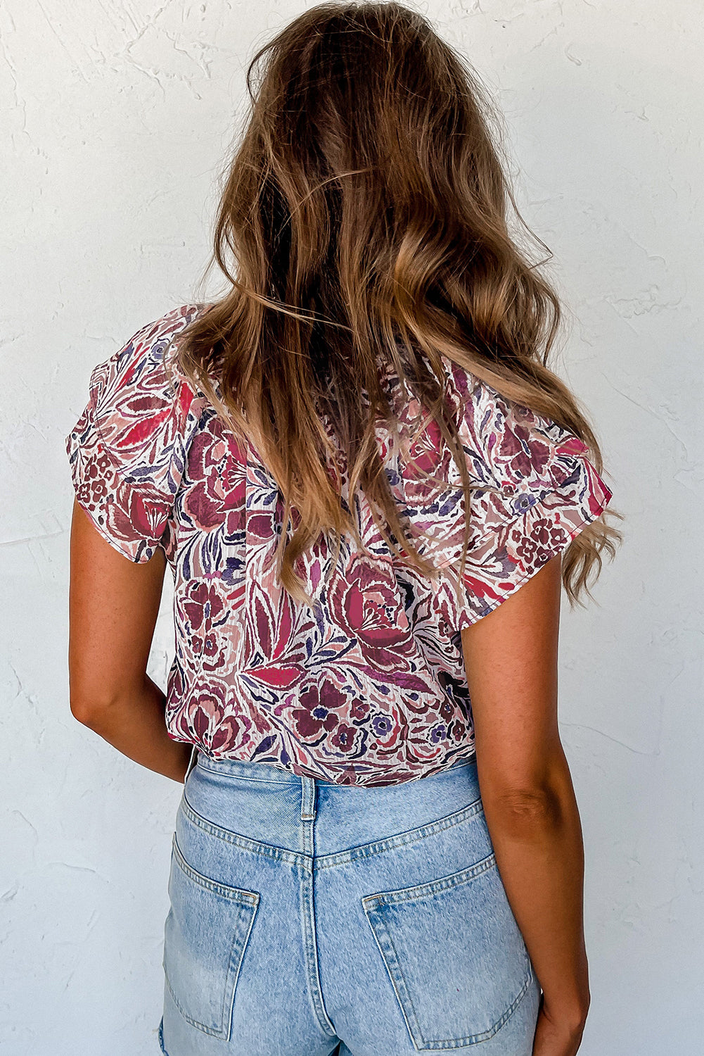 Floral Ruffled Short Sleeve V Neck Blouse | White