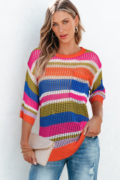 Colourblock Hollowed Crochet 3/4 Sleeve Sweater | Orange Stripe