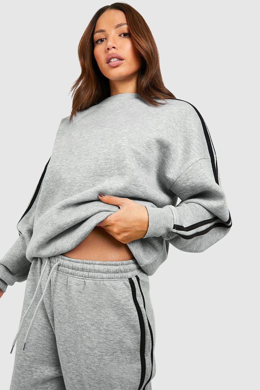 Solid Colour Side Striped Sweatshirt Active Set | Light Grey