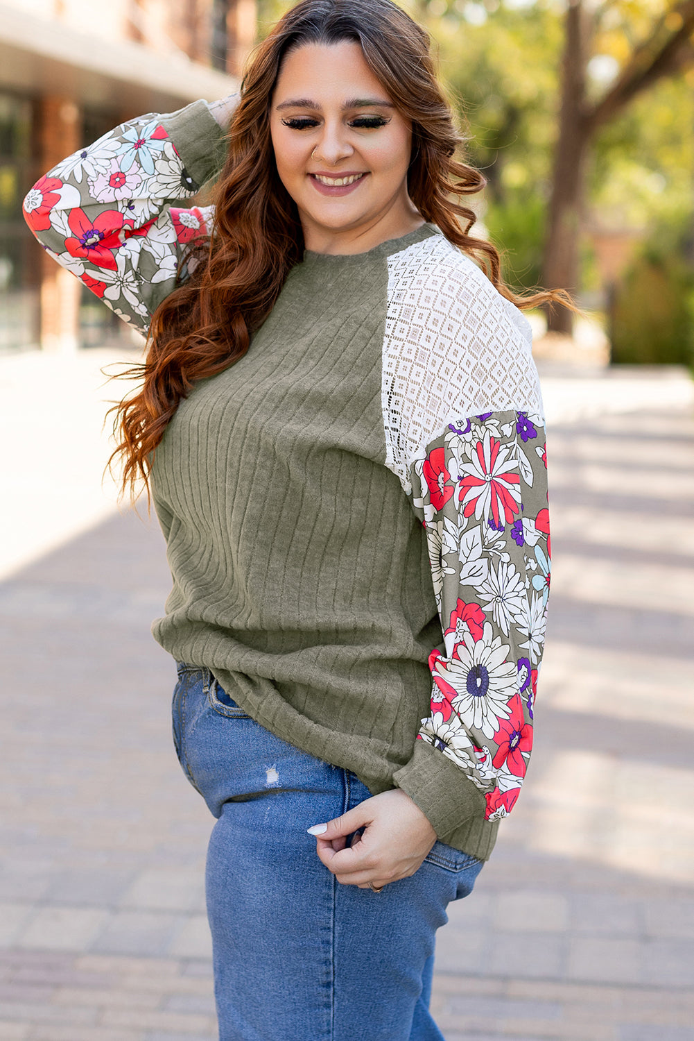 Plus Size Textured Floral Patchwork Raglan Sleeve Blouse | Vineyard Green