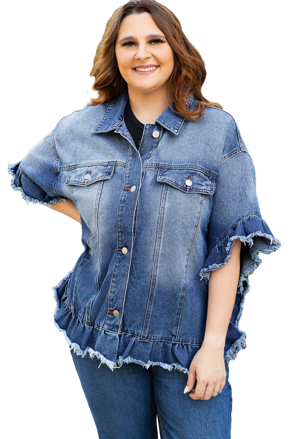 Ruffled Frayed Short Sleeve Plus Size Denim Jacket | Peacock Blue