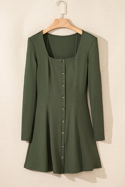 Rib Knit Square Neck Buttoned Long Sleeve Mini Dress | Guacamole Green