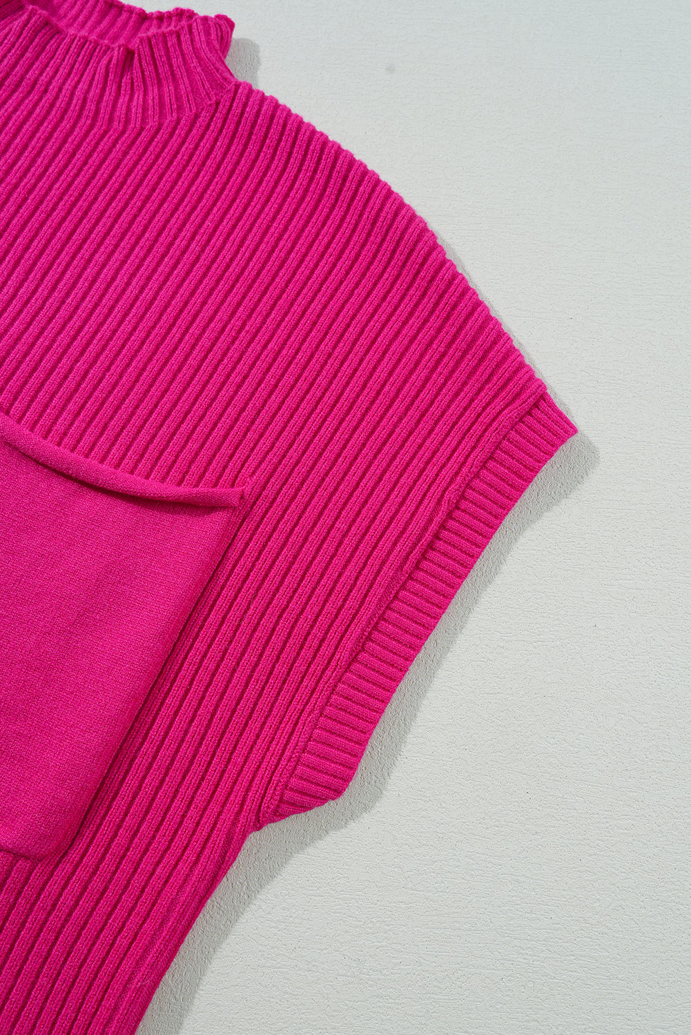 Patch Pocket Ribbed Knit Short Sleeve Sweater | Rose Red