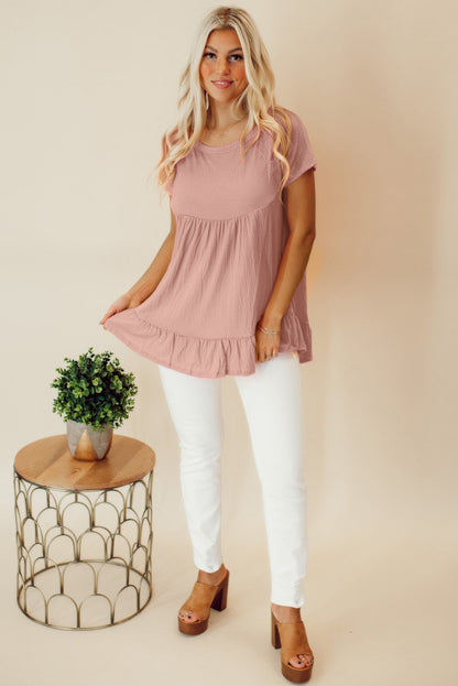 Solid Short Sleeve Ruffle Hem Top | Pink