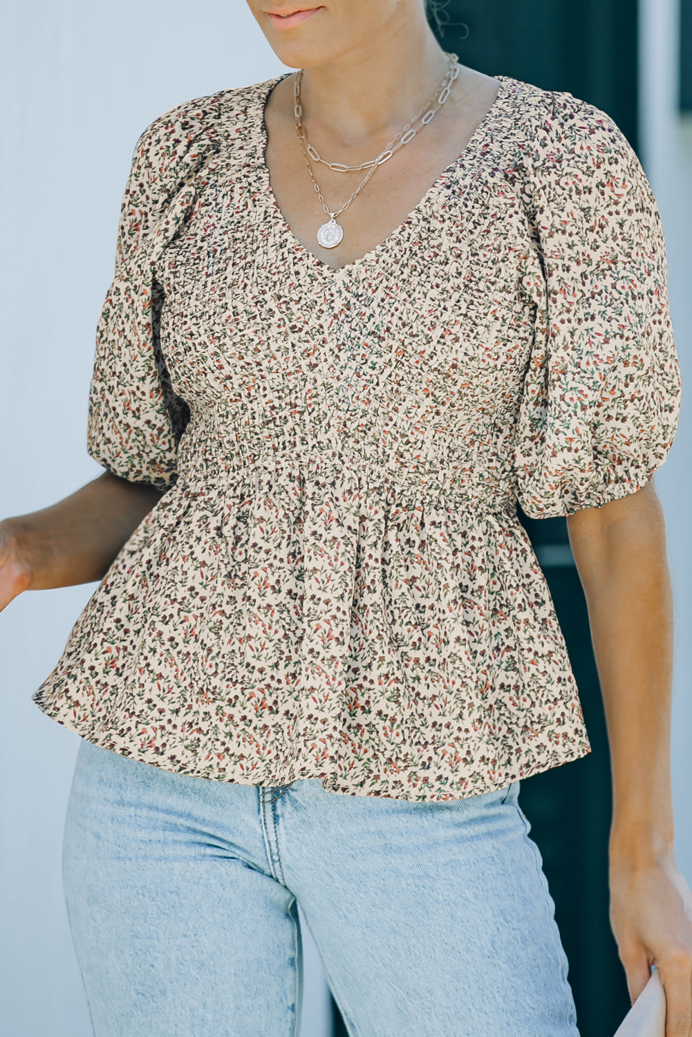 Floral Print Puff Sleeve Smocked Top | Green