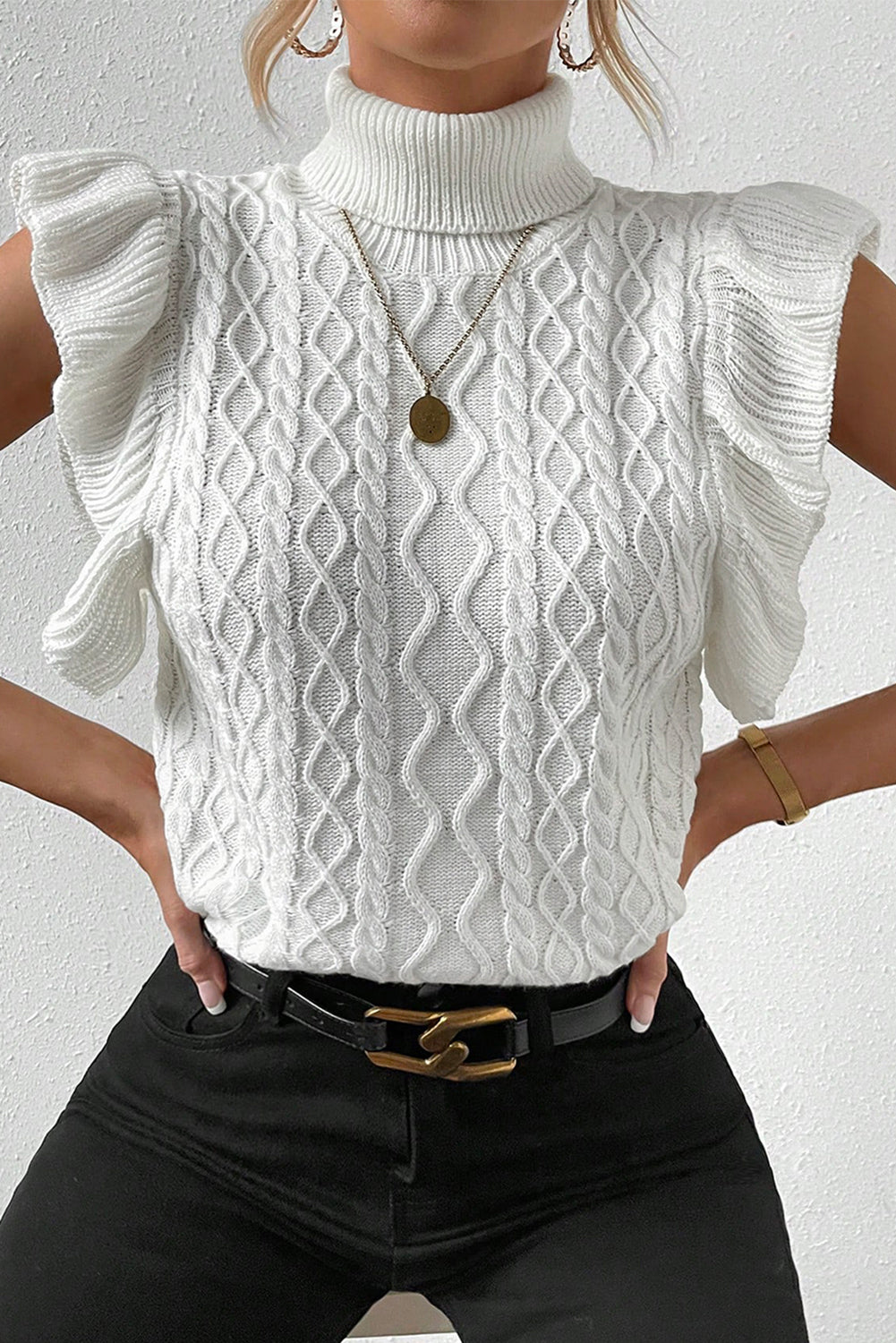 Turtle Neck Short Sleeve Cable Knit Ruffled Sweater | White